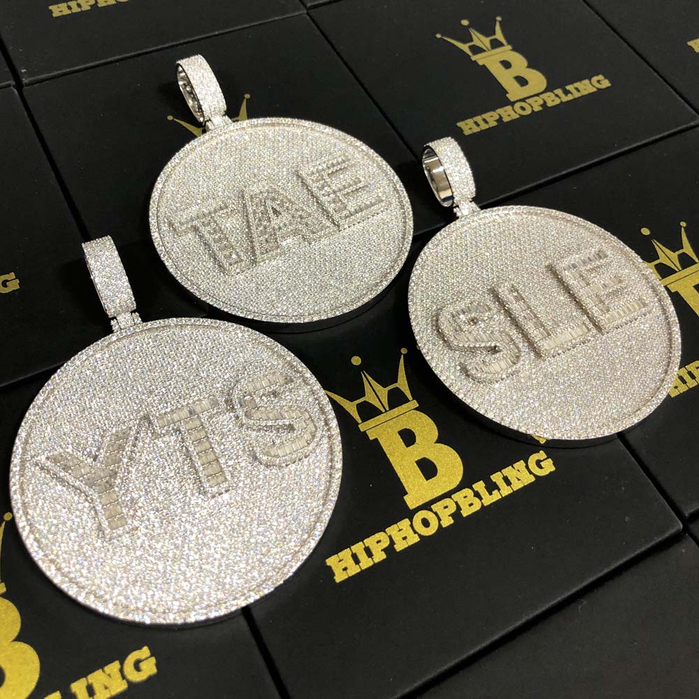 Custom 3 Baguette Letter Round VVS Moissanite Pendant 14K White Gold 2.5" Diameter HipHopBling