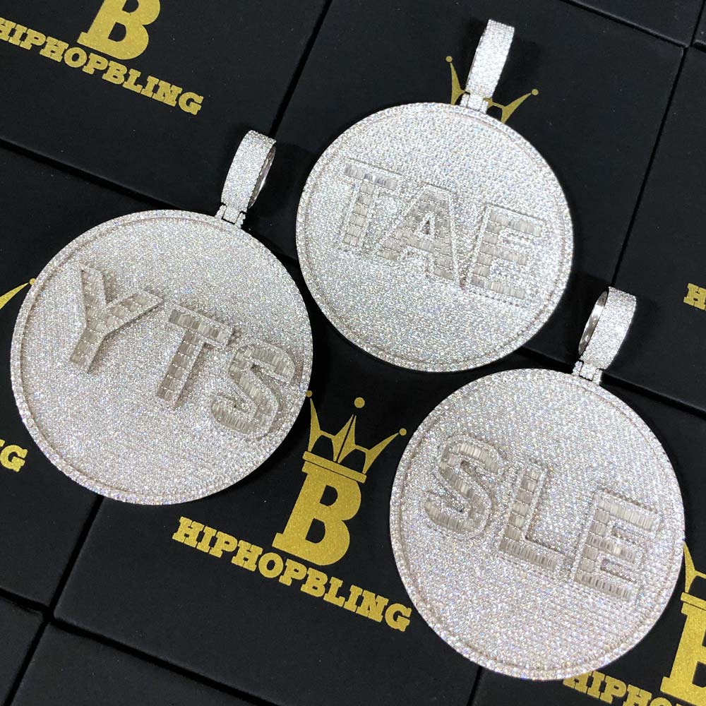 Custom 3 Baguette Letter Round VVS Moissanite Pendant 14K White Gold 2.5" Diameter HipHopBling