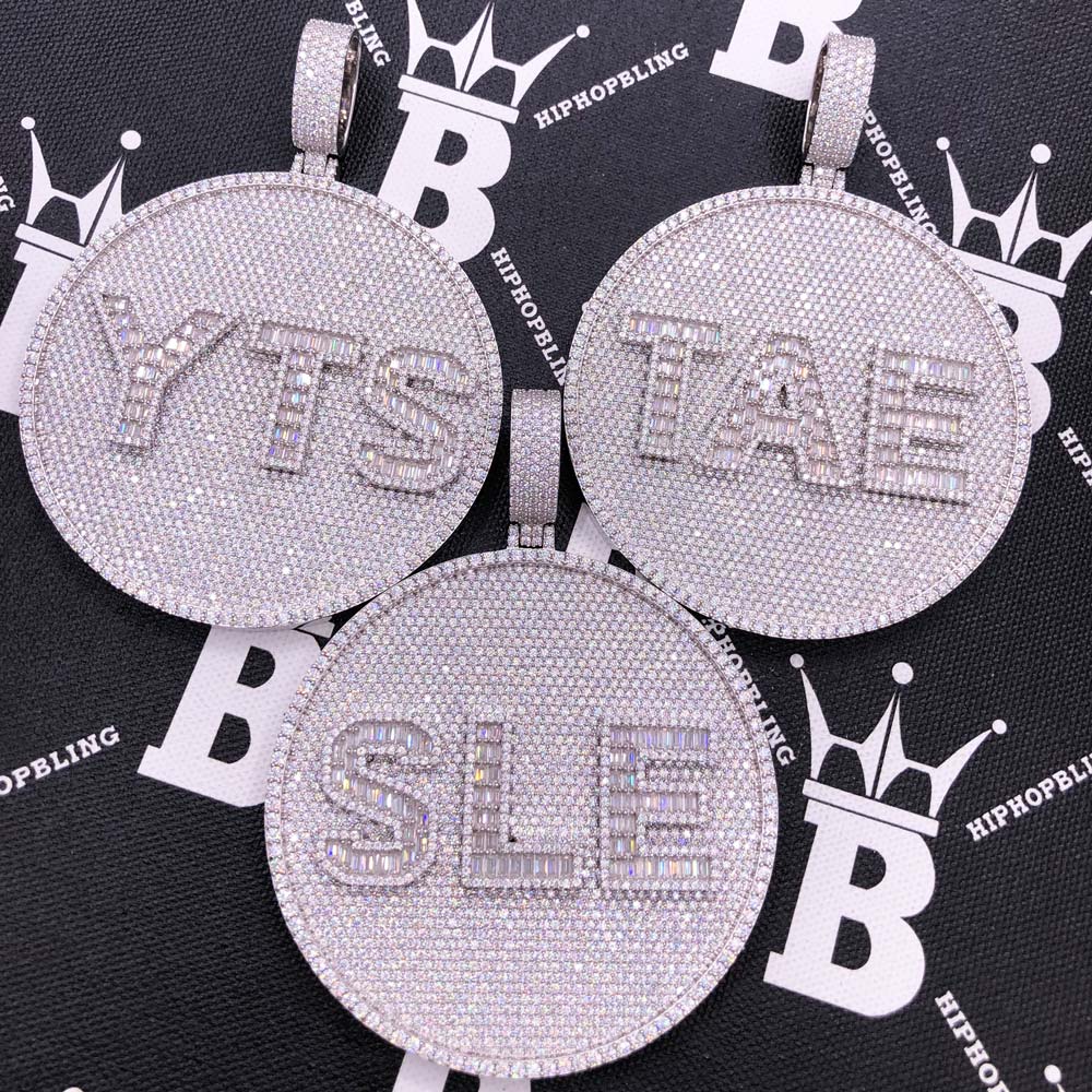 Custom 3 Baguette Letter Round VVS Moissanite Pendant 14K White Gold 2.5" Diameter HipHopBling