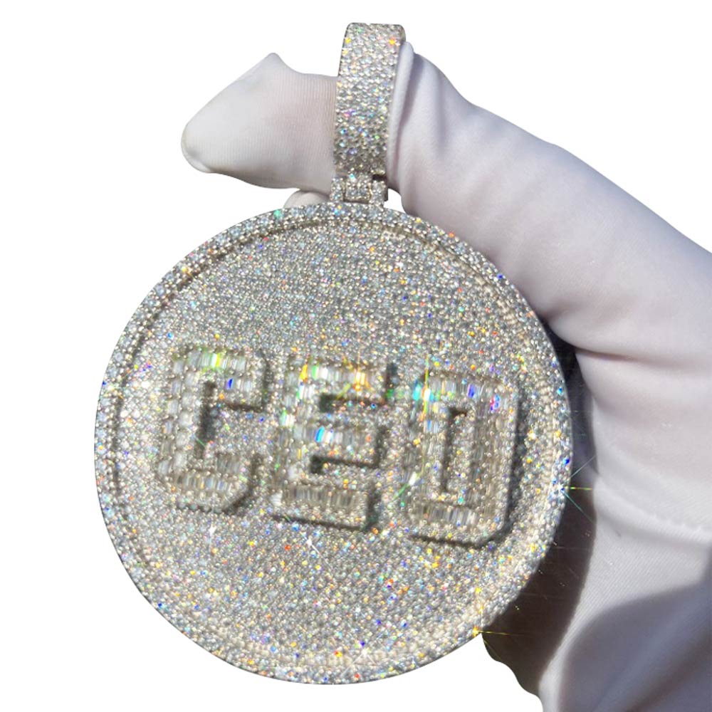 Custom 3 Baguette Letter Round VVS Moissanite Pendant 14K White Gold 2.5" Diameter HipHopBling