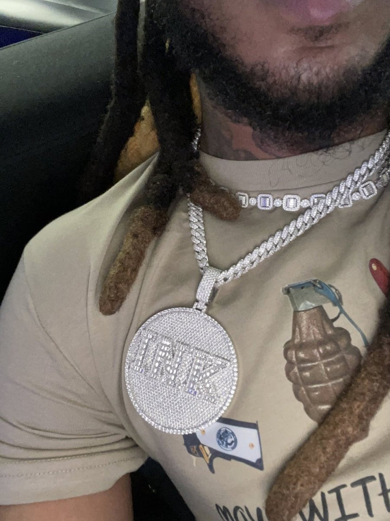 Custom 3 Baguette Letter Round VVS Moissanite Pendant 14K White Gold 2.5" Diameter HipHopBling