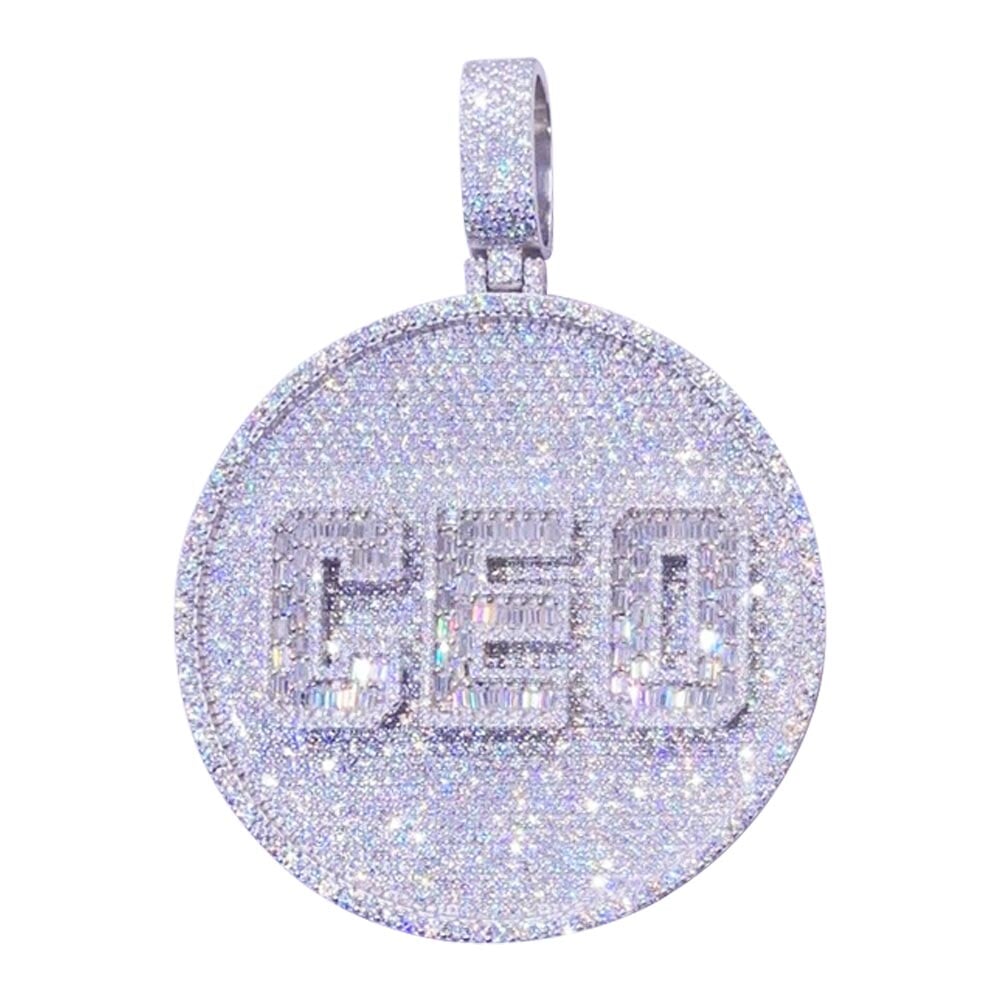 Custom 3 Baguette Letter Round VVS Moissanite Pendant 14K White Gold 2.5" Diameter HipHopBling