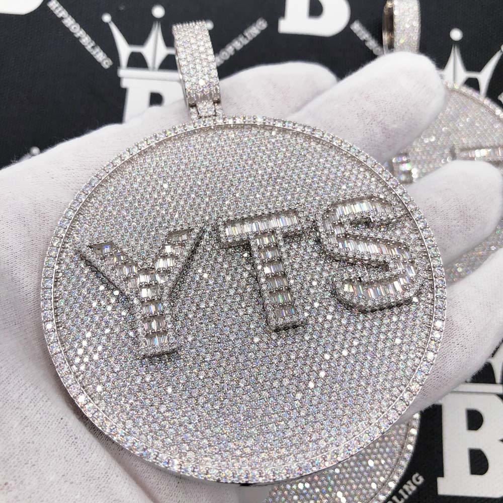 Custom 3 Baguette Letter Round VVS Moissanite Pendant 14K White Gold 3" Diameter HipHopBling