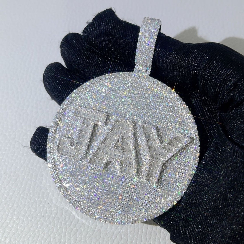 Custom 3 Baguette Letter Round VVS Moissanite Pendant 14K White Gold 3" Diameter HipHopBling