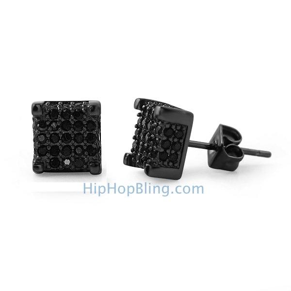 Custom 3D Cube Black Micro Pave CZ Ice Earrings HipHopBling