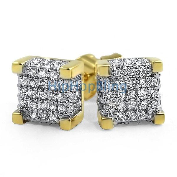 Custom 3D Cube Gold CZ Bling Bling Earrings HipHopBling