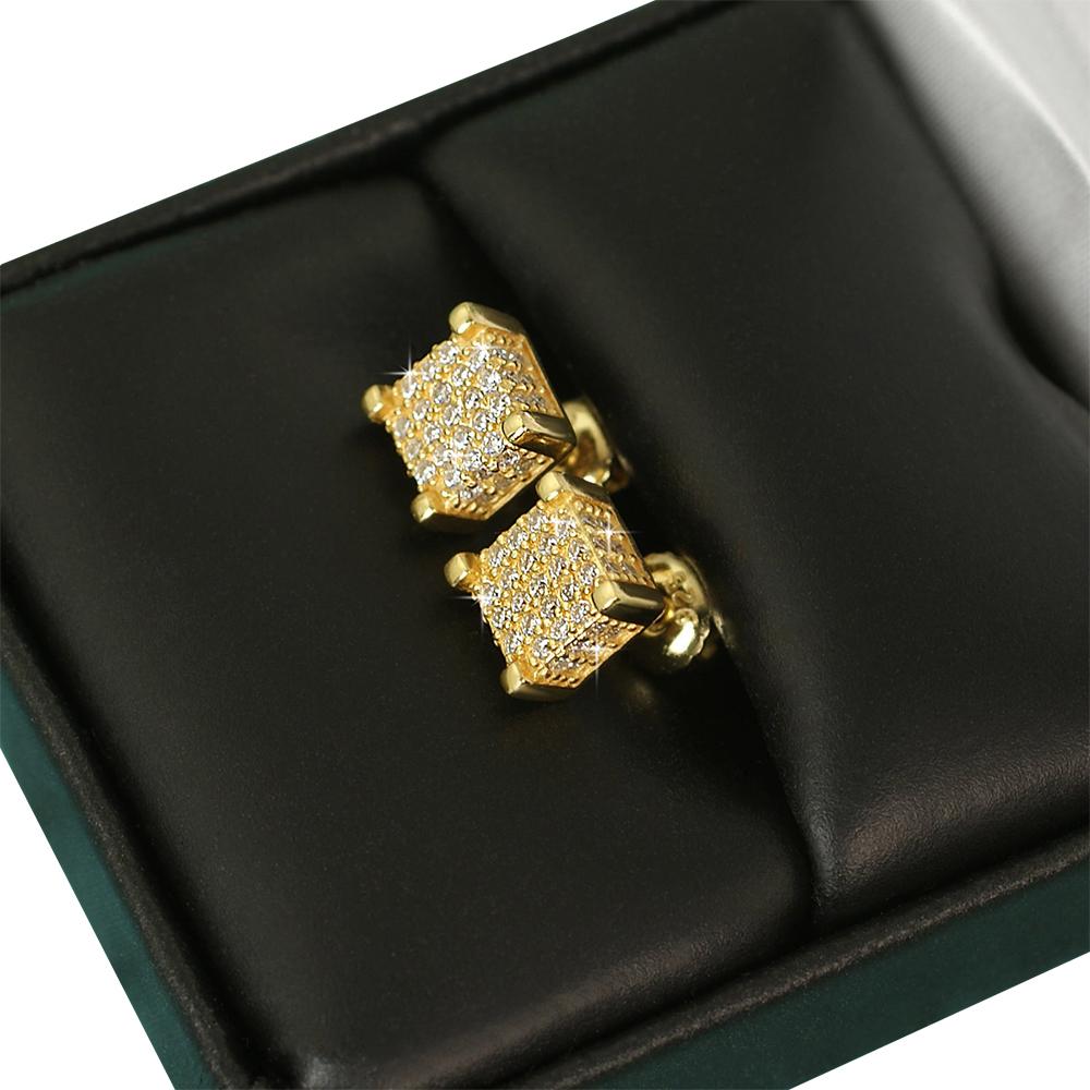 Custom 3D Cube VVS Moissanite Earrings .925 Sterling Silver Yellow Gold HipHopBling