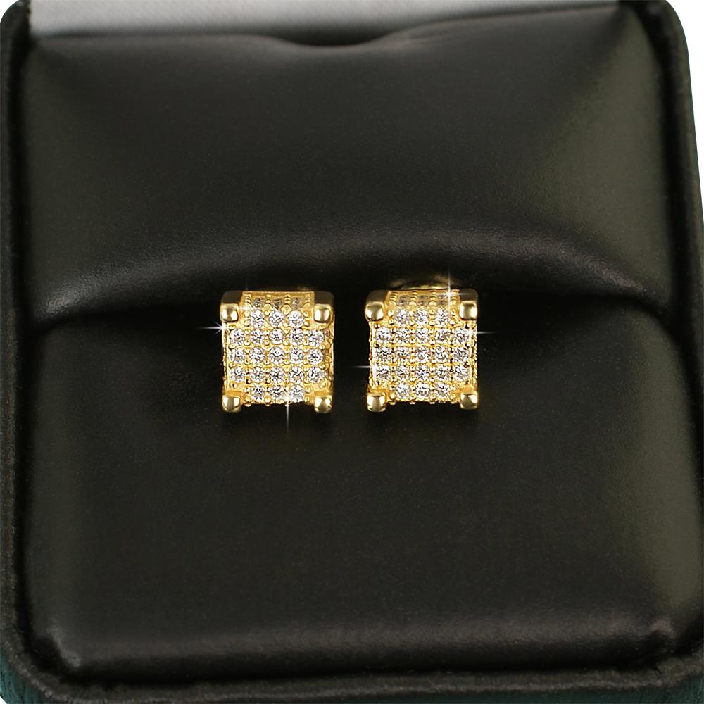 Custom 3D Cube VVS Moissanite Earrings .925 Sterling Silver Yellow Gold HipHopBling