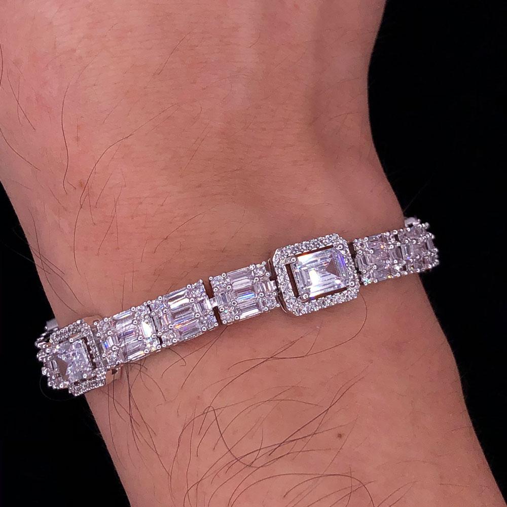 Custom Baguette Cluster Link Hip Hop Iced Out Bracelet White Gold 8" HipHopBling