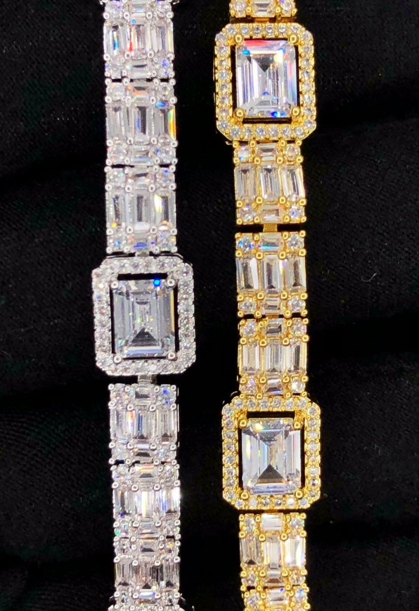 Custom Baguette Cluster Link Hip Hop Iced Out Bracelet Yellow Gold 8" HipHopBling