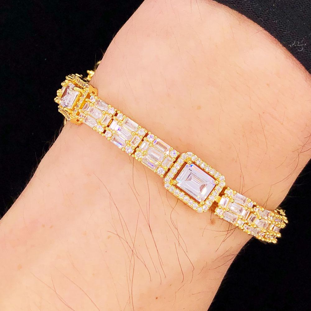 Custom Baguette Cluster Link Hip Hop Iced Out Bracelet Yellow Gold 8" HipHopBling