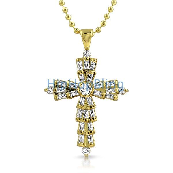 Custom Baguette Cross White CZ on Gold HipHopBling