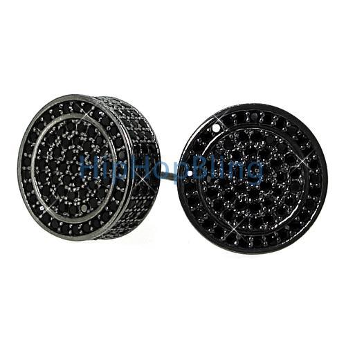 Custom Black CZ 3D Circle Bling Bling Earrings .925 Silver HipHopBling