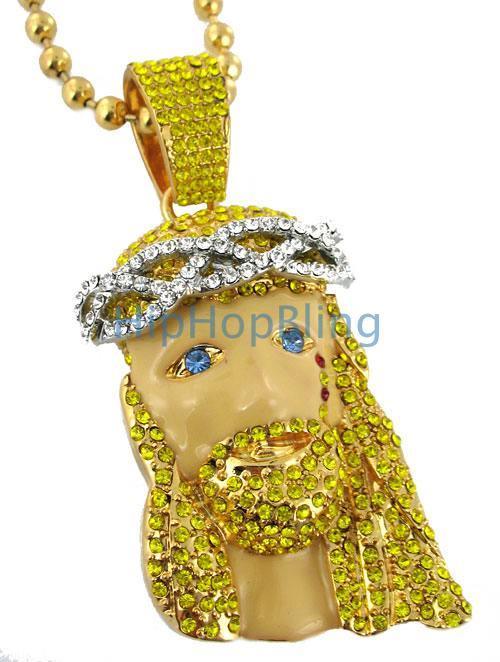 Custom Blonde Blue Eyes Gold Jesus Piece Kanye West Style FREE 36 Inch Bead Chain HipHopBling