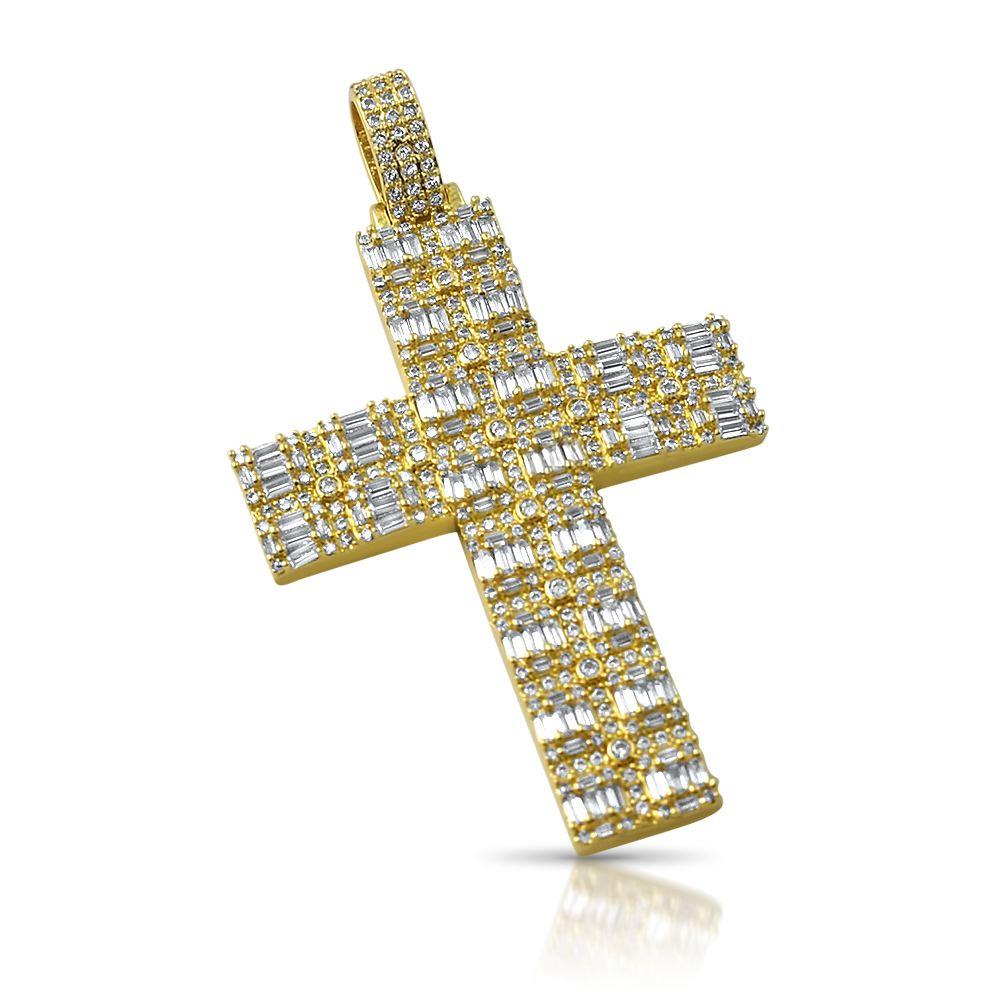 Custom Fat Baguette Cross Pendant in White / Yellow Gold Yellow Gold HipHopBling