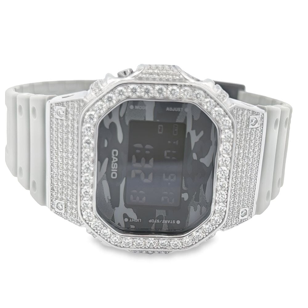 Custom G Shock DW5600 Iced Out Watch 4.50 Carat Moissanite Camo Gray HipHopBling