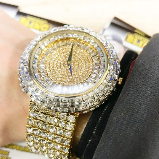 Custom Gold Iced Out Baguette Orbit 6 Row Watch 8" HipHopBling
