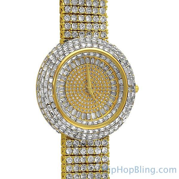 Custom Gold Iced Out Baguette Orbit 6 Row Watch 8" HipHopBling