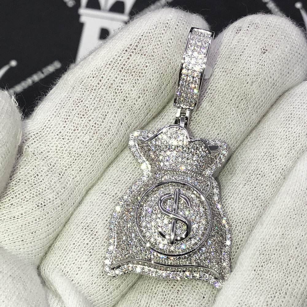 Custom Money Bag $ CZ Hip Hop Bling Bling Pendant White Gold HipHopBling