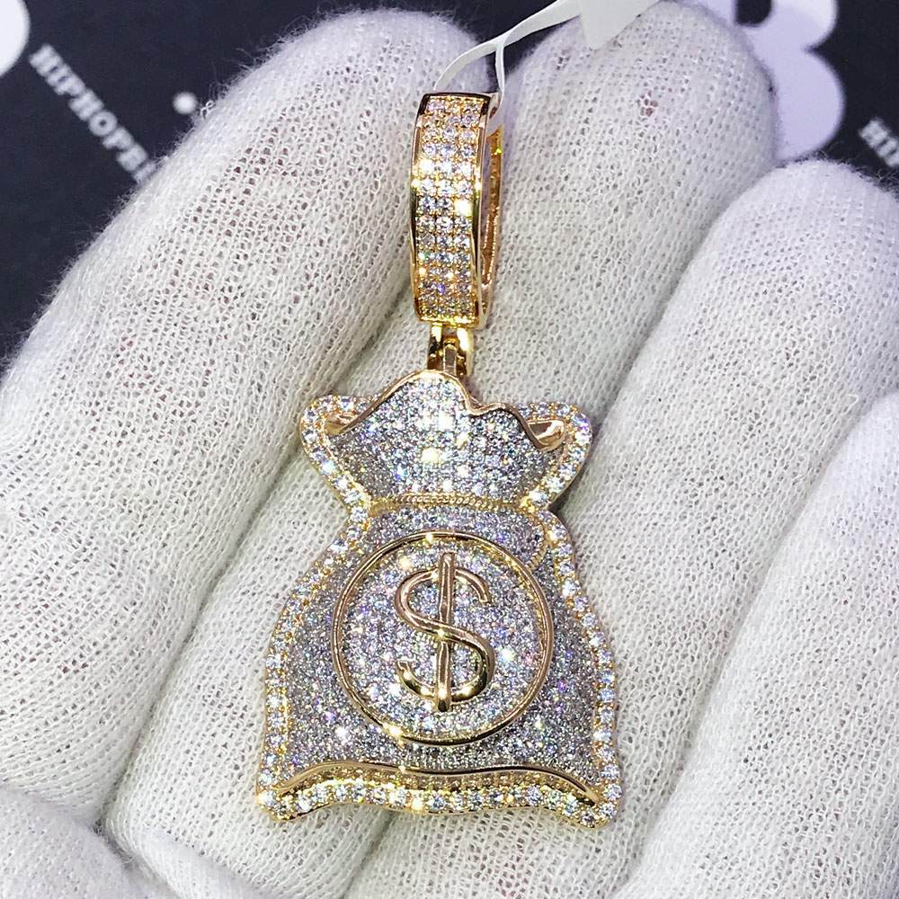 Custom Money Bag $ CZ Hip Hop Bling Bling Pendant Yellow Gold HipHopBling