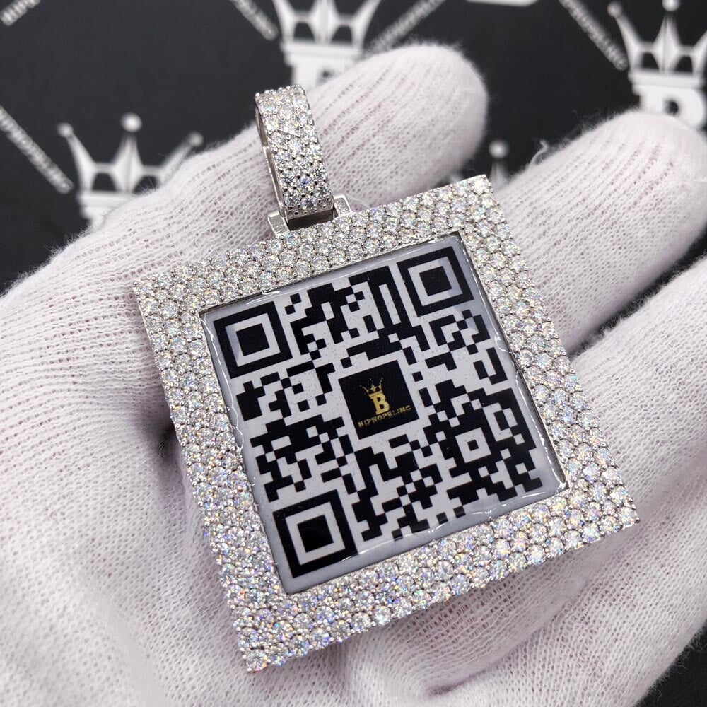 Custom QR Code / Picture Square VVS Moissanite Pendant White Gold HipHopBling