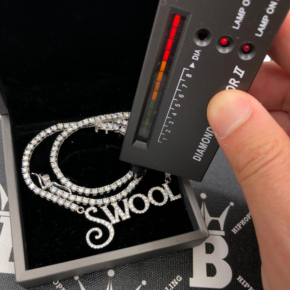 Custom Script Block VVS Moissanite/Diamond Pendant Tennis Chain .925 Sterling Silver/VVS Moissanite 14K White Gold HipHopBling