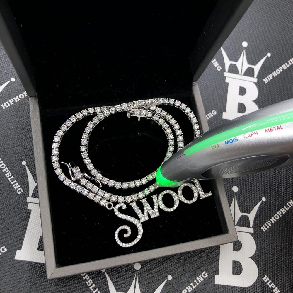 Custom Script Block VVS Moissanite/Diamond Pendant Tennis Chain .925 Sterling Silver/VVS Moissanite 14K White Gold HipHopBling