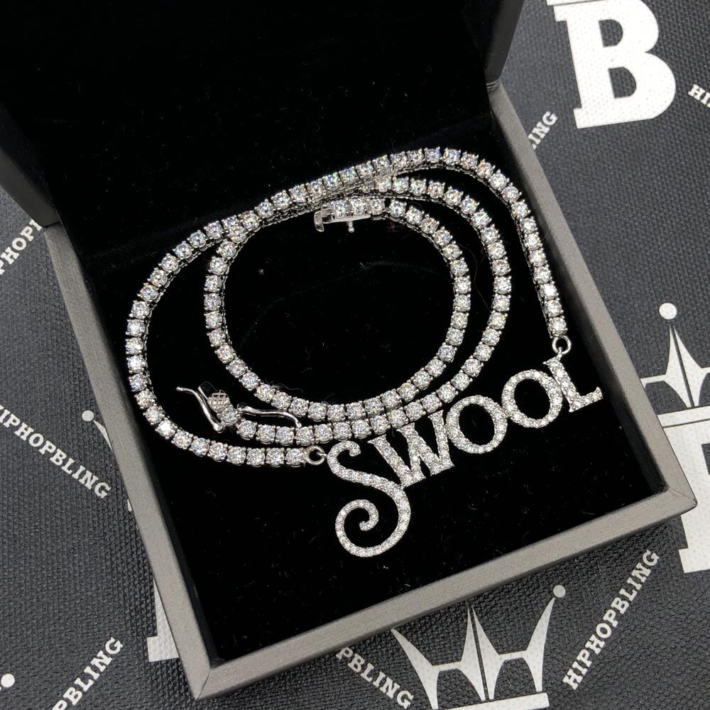 Custom Script Block VVS Moissanite/Diamond Pendant Tennis Chain .925 Sterling Silver/VVS Moissanite 14K Yellow Gold HipHopBling