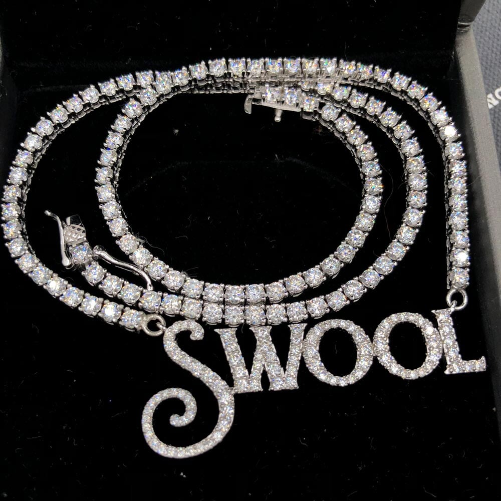 Custom Script Block VVS Moissanite/Diamond Pendant Tennis Chain .925 Sterling Silver/VVS Moissanite 14K Yellow Gold HipHopBling