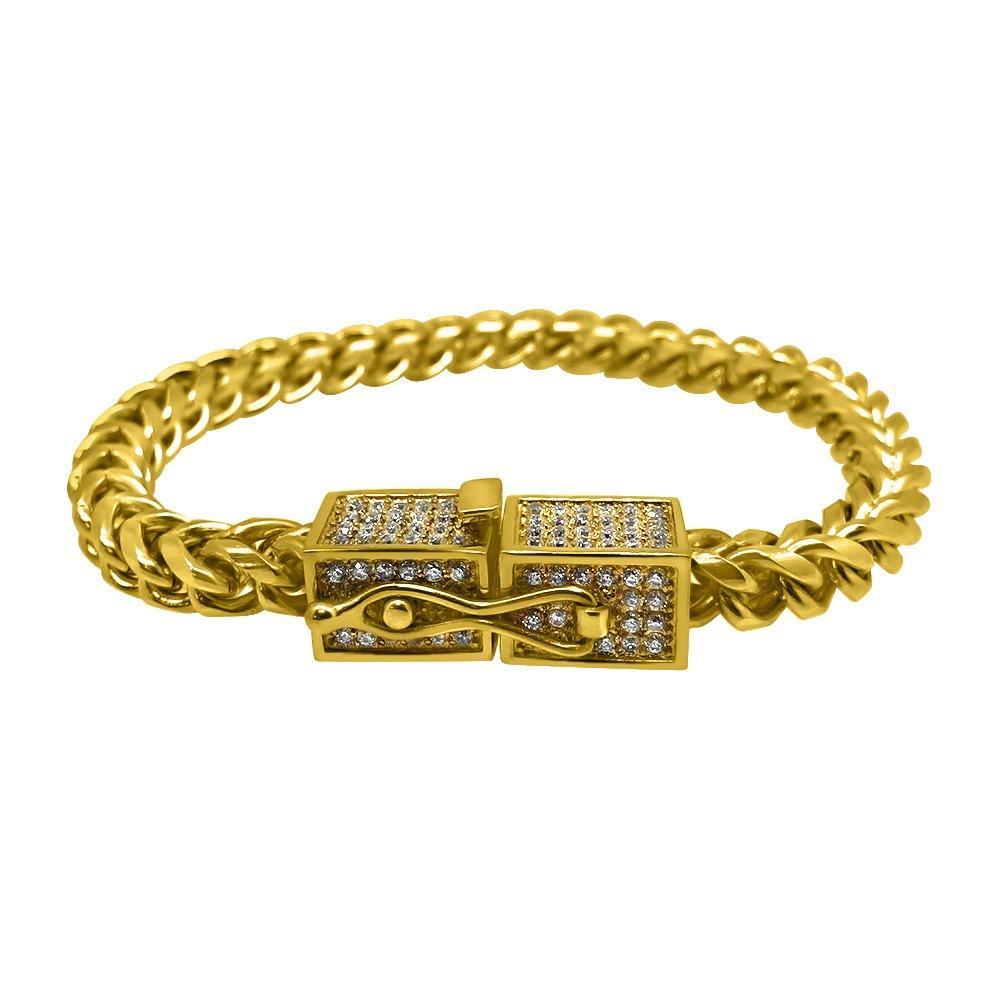 CZ Box Clasp Triple Lock Gold Steel Franco Bracelet 4MM 8" HipHopBling