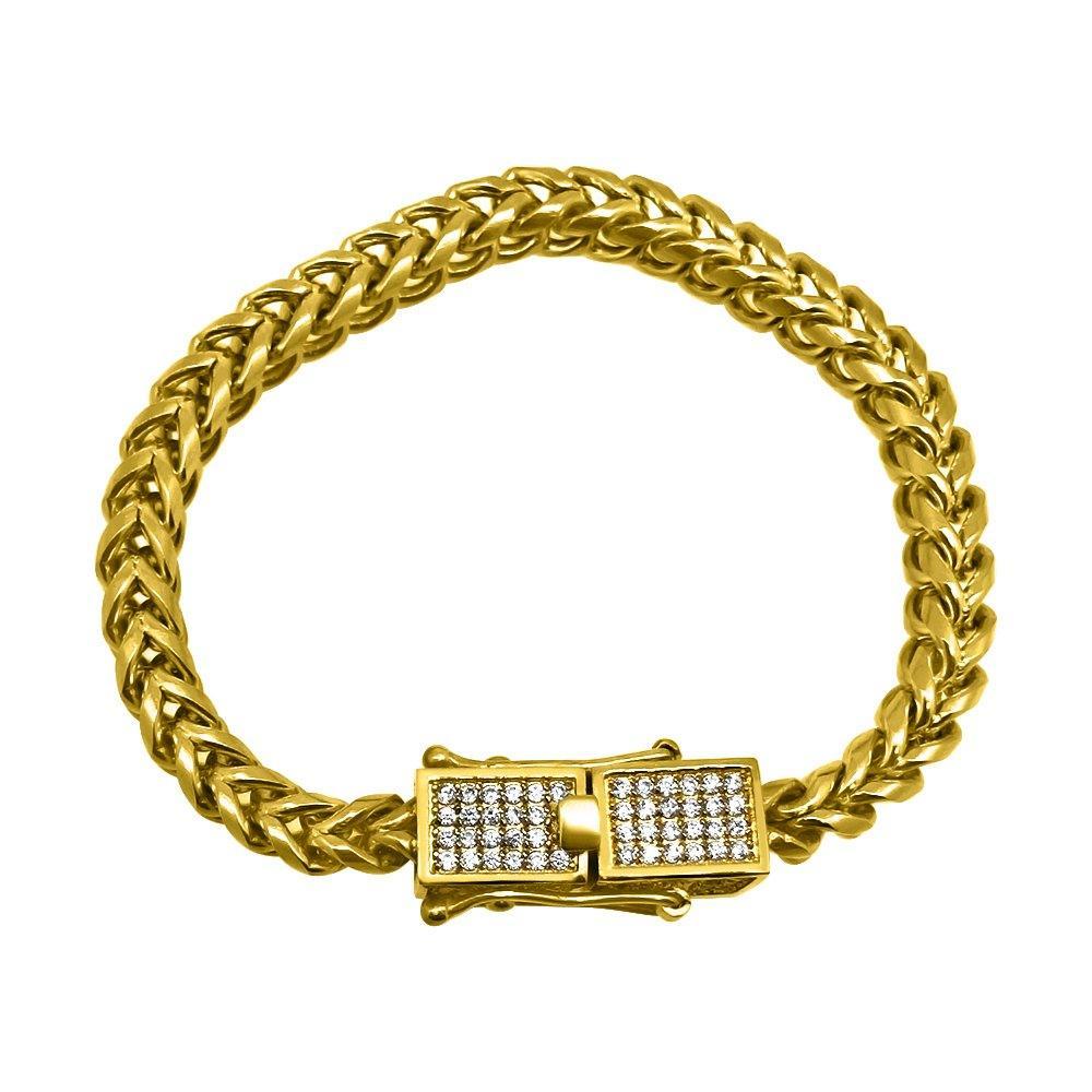 CZ Box Clasp Triple Lock Gold Steel Franco Bracelet 4MM 8" HipHopBling