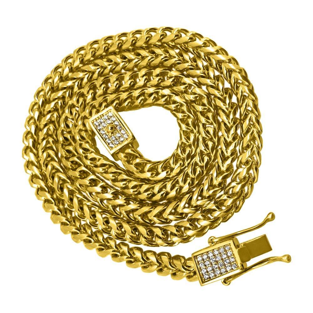 CZ Box Clasp Triple Lock Gold Steel Franco Chain 4MM 36" HipHopBling