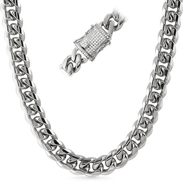 CZ Diamond Lock 14MM Cuban Chain Stainless Steel 20 HipHopBling