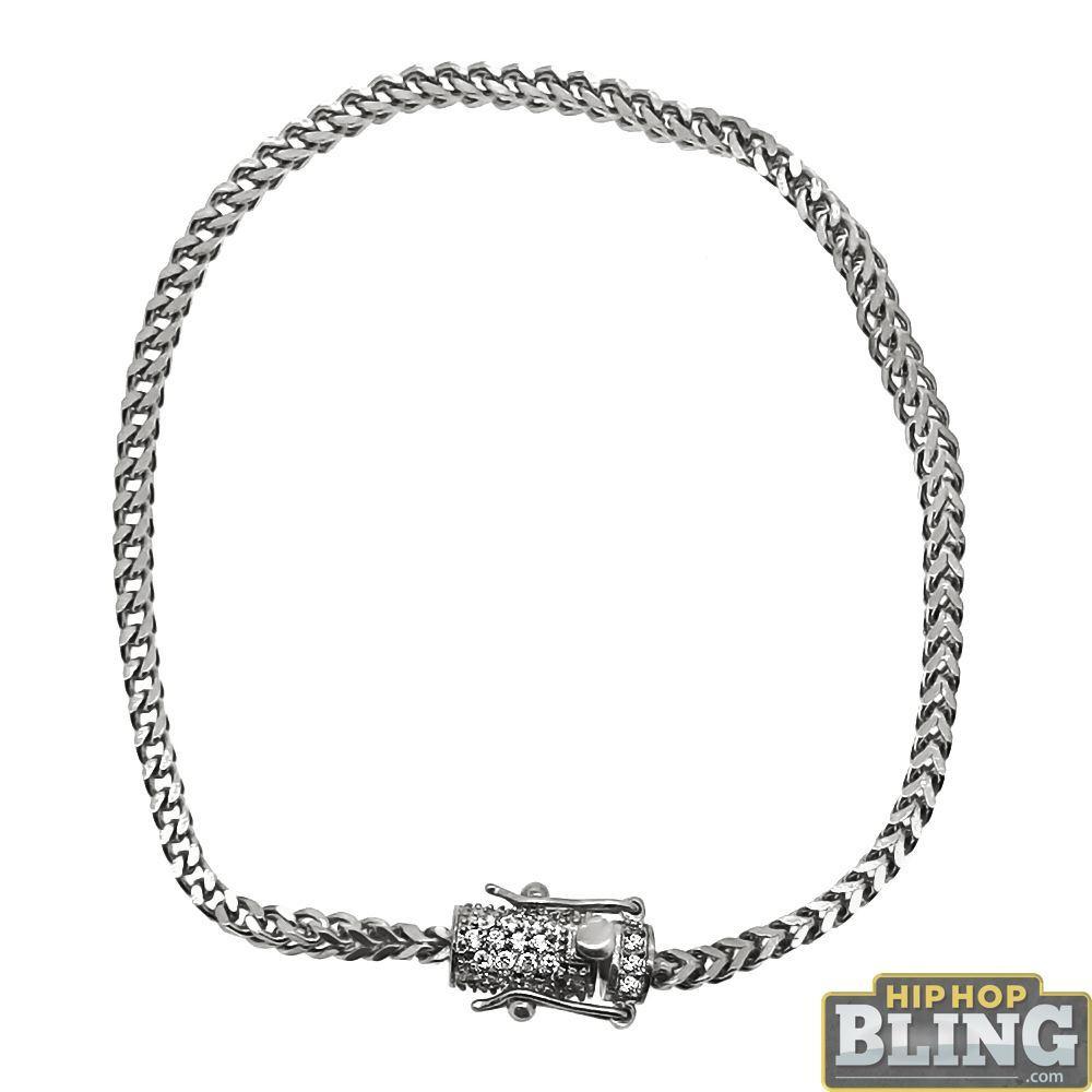 CZ Diamond Lock 2.5MM Stainless Steel Franco Bracelet 8" HipHopBling