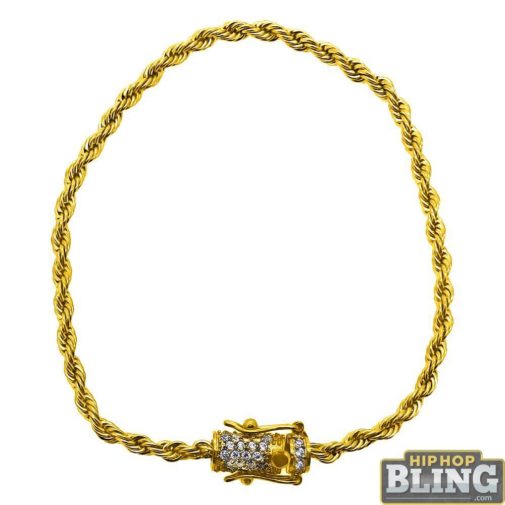 CZ Diamond Lock 3MM Gold Rope Bracelet 8" HipHopBling