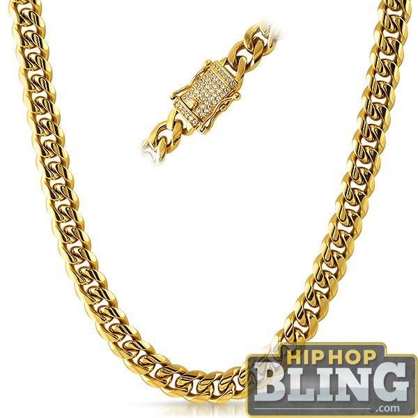 CZ Diamond Lock Cuban Chain 10MM Gold Steel 20" HipHopBling