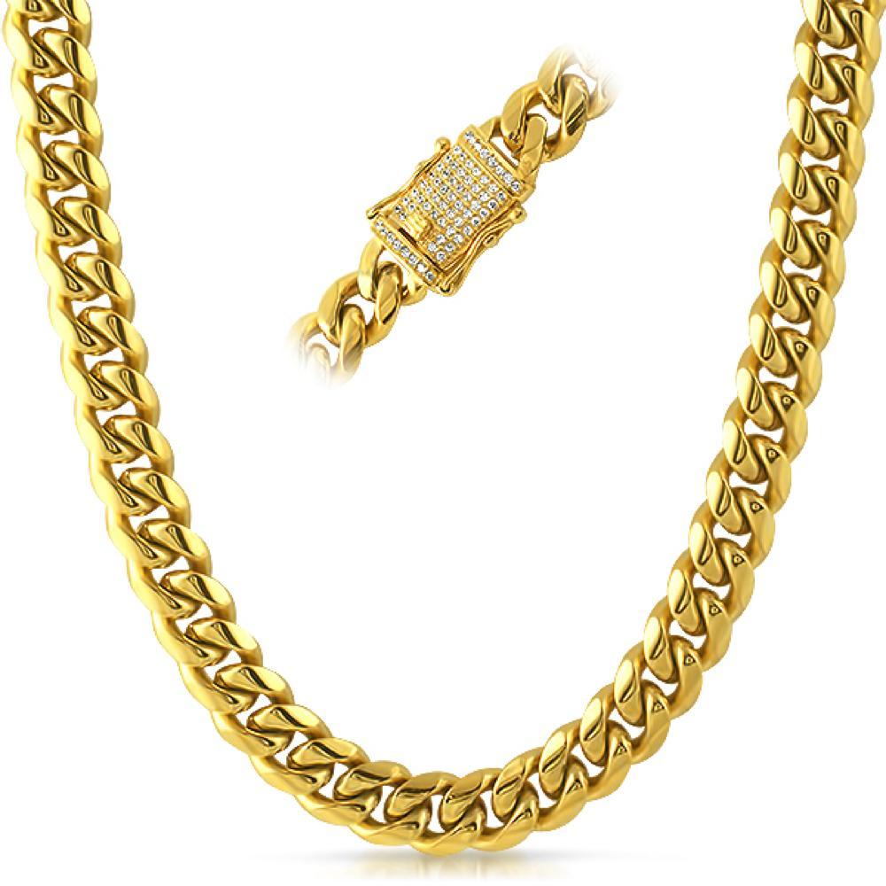 CZ Diamond Lock Cuban Chain 12MM Gold Steel 20 in HipHopBling