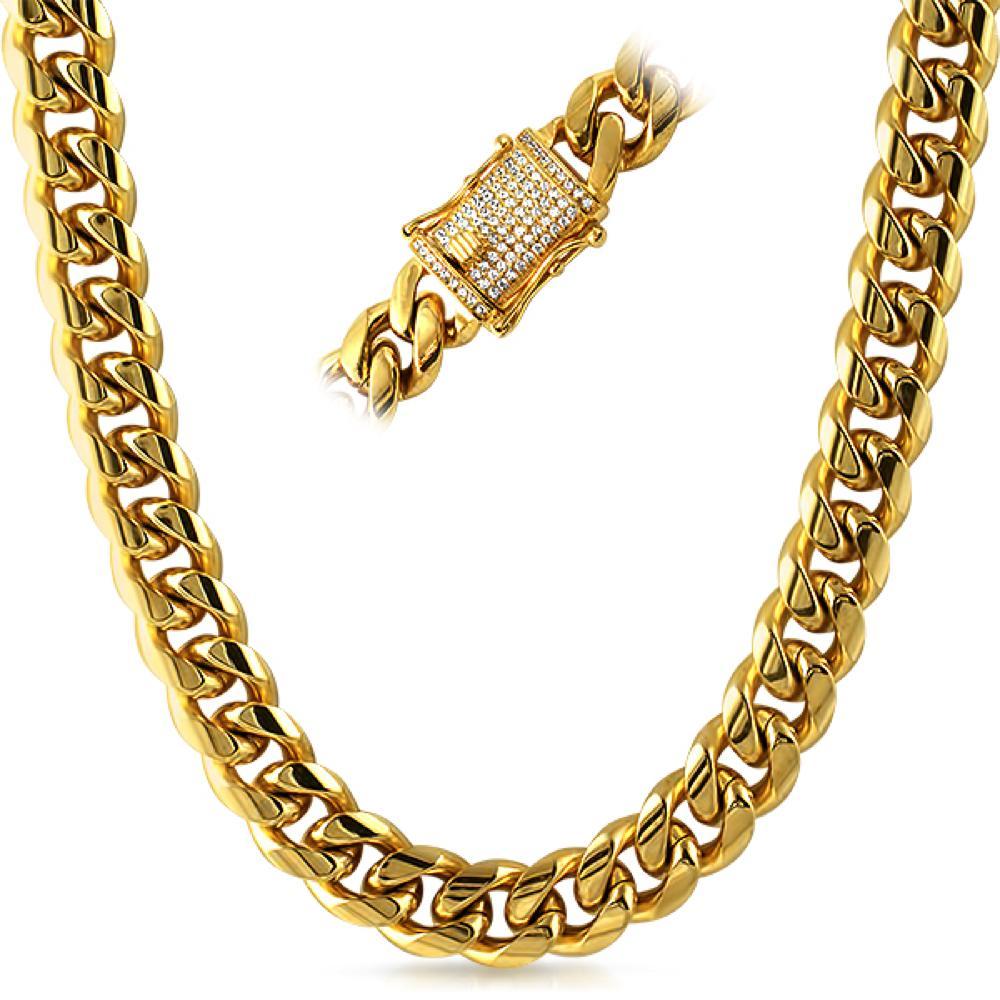 CZ Diamond Lock Cuban Chain 14MM Gold Steel 20" HipHopBling