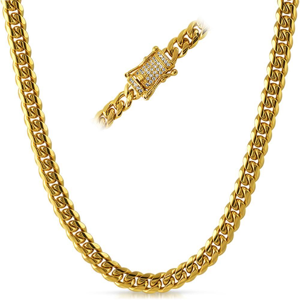 CZ Diamond Lock Cuban Chain 8MM Gold Steel 20 in HipHopBling