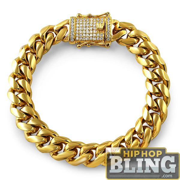 CZ Diamond Lock Gold Steel Cuban Bracelet 12MM 7" HipHopBling