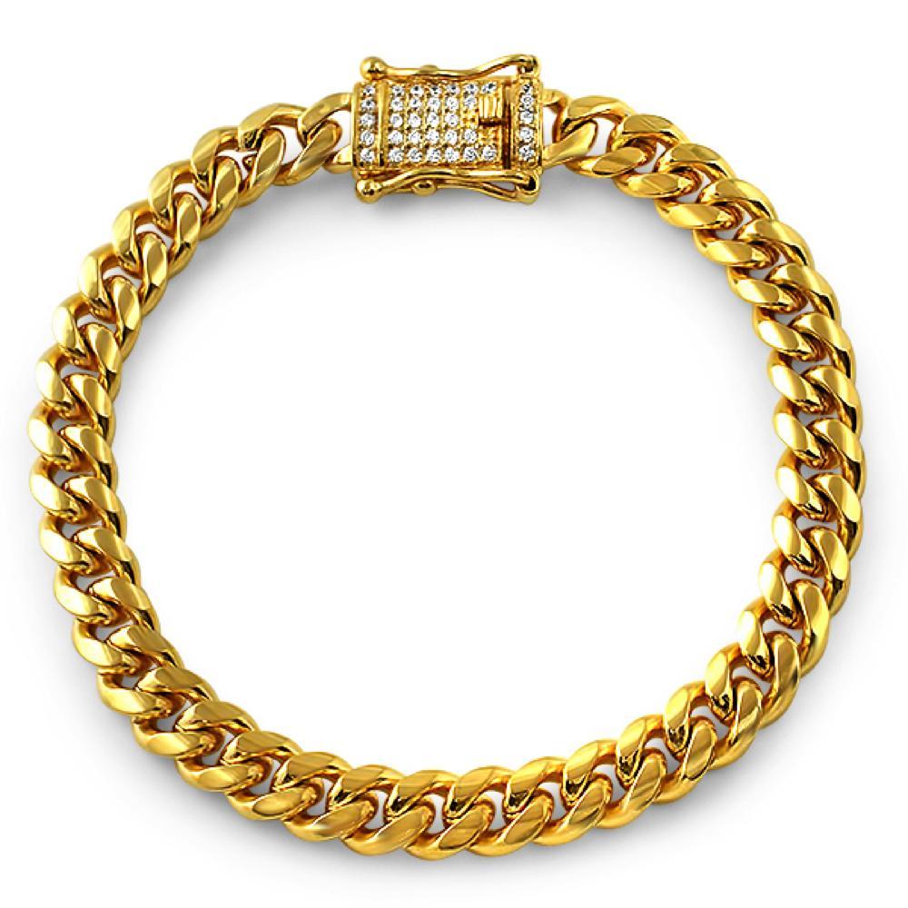 CZ Diamond Lock Gold Steel Cuban Bracelet 8MM 7" HipHopBling