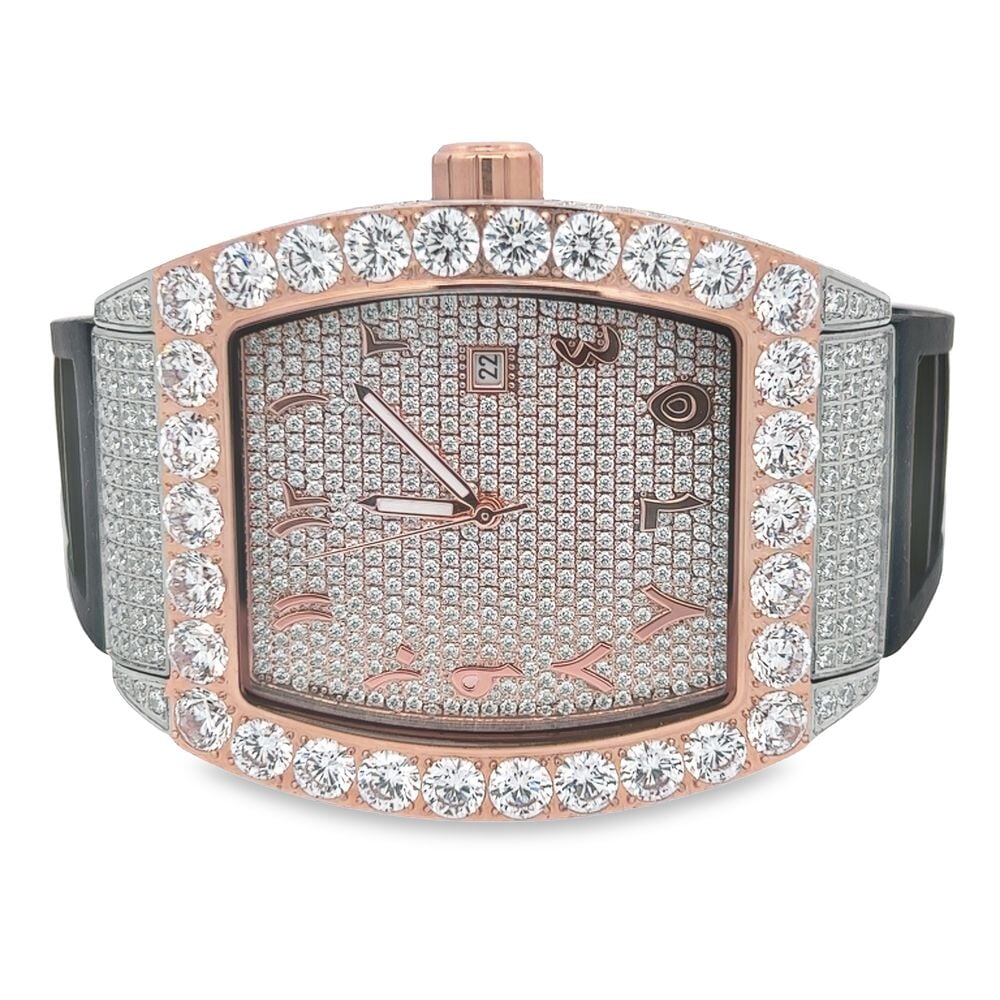 CZ Emperor Rubber Strap Iced Out Watch 2 Tone White/Rose HipHopBling