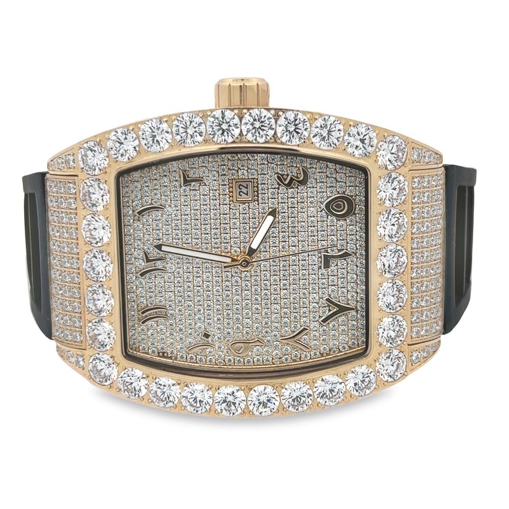 CZ Emperor Rubber Strap Iced Out Watch Yellow Gold HipHopBling