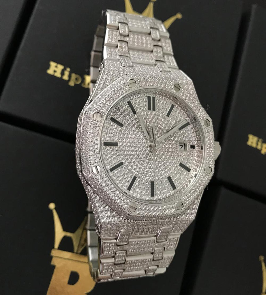 CZ Octagon Stainless Steel Micro Pave Watch White Gold HipHopBling