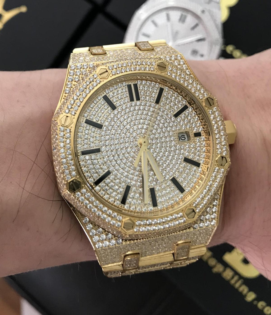CZ Octagon Stainless Steel Micro Pave Watch Yellow Gold HipHopBling