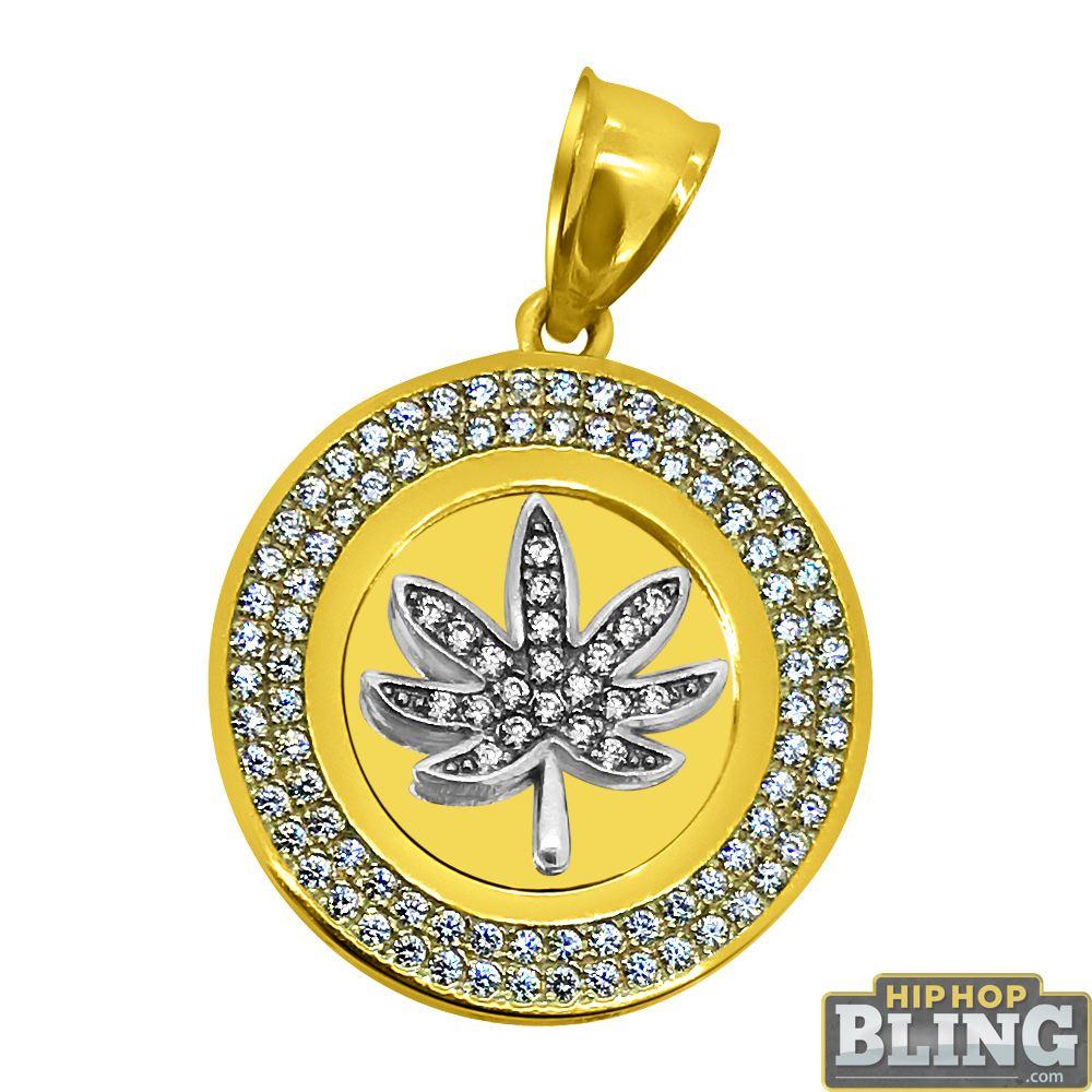 CZ Pot Leaf Weed 420 Micro Medallion Pendant 10K Yellow Gold HipHopBling