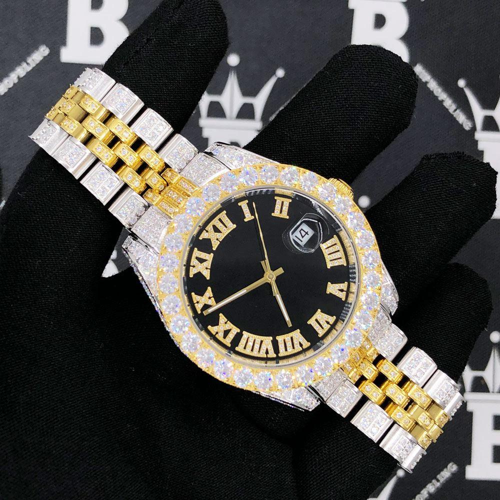 CZ Railroad Tracks 41MM Stainless Steel Micro Pave Watch 2 Tone HipHopBling
