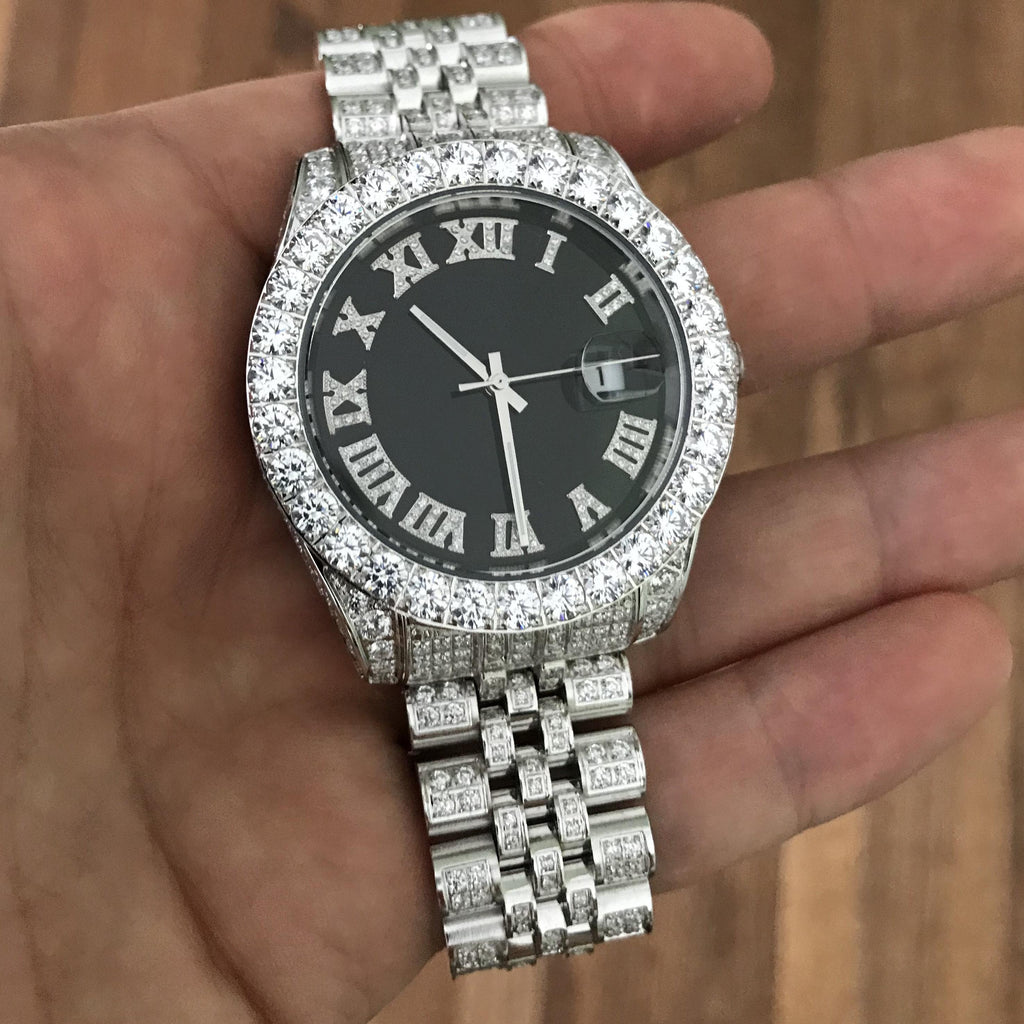 CZ Railroad Tracks 41MM Stainless Steel Micro Pave Watch White Gold HipHopBling