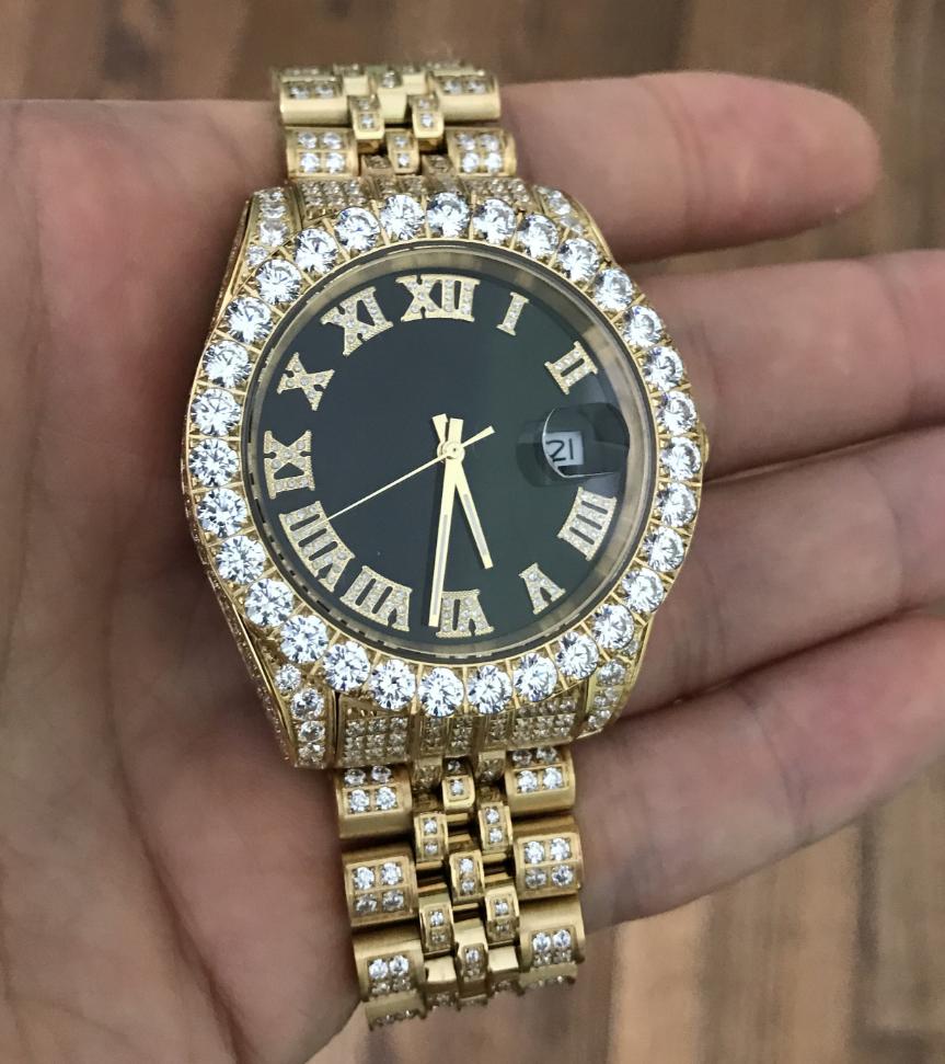 CZ Railroad Tracks 41MM Stainless Steel Micro Pave Watch Yellow Gold HipHopBling