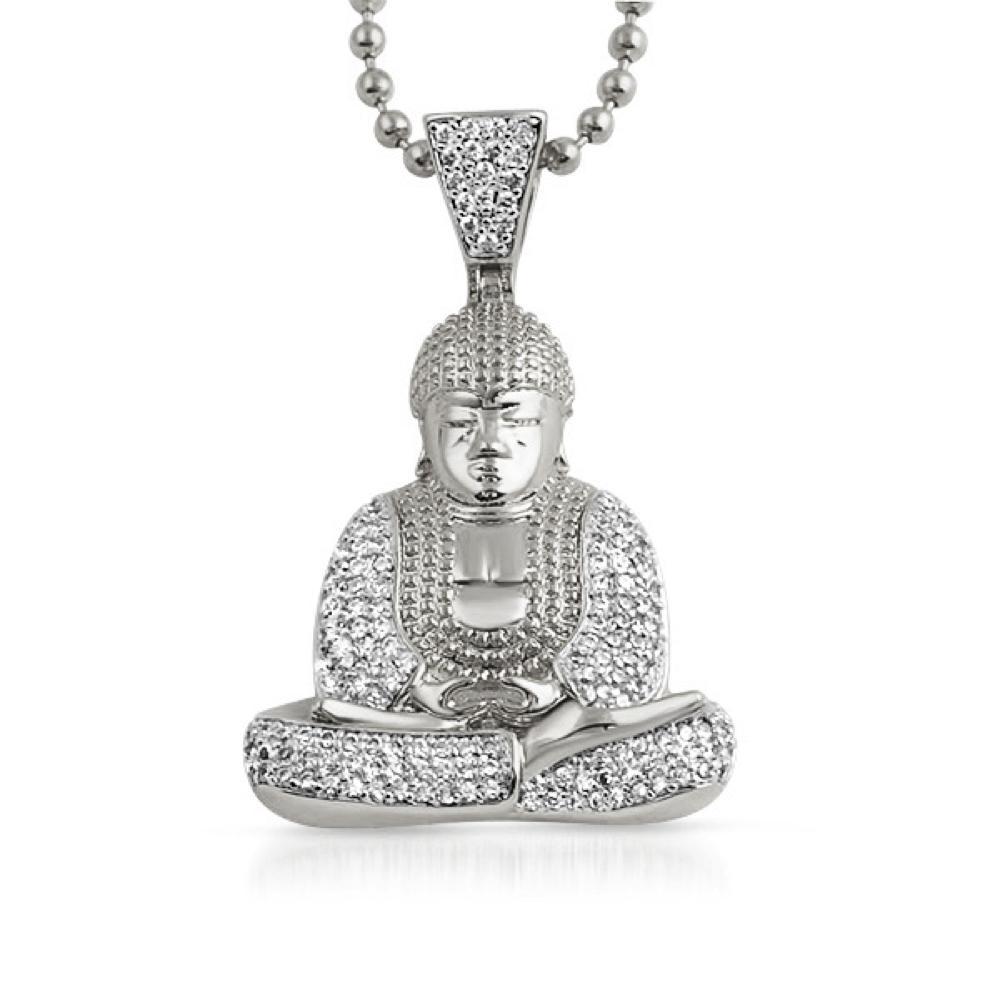 CZ Sitting Buddha Micro Pave Pendant Rhodium HipHopBling